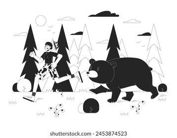 Ilustración plana de dibujos animados en blanco y negro. Mujer asiática huyendo de oso enojado 2D lineart personajes aislados. Peligro de la naturaleza salvaje monocromo escena Vector contorno Imagen