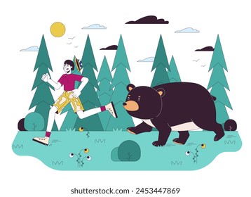 Línea de encuentro de animales salvajes ilustración plana de dibujos animados. Mujer asiática huyendo de oso enojado 2D lineart personajes aislados sobre fondo blanco. Peligro de la naturaleza salvaje escena Vector color Imagen