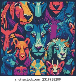 Wild animal faces in jungle pattern 