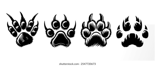 wild animal foot print or paw print set for tiger, bear, wolf, dog, lion etc wild animal attack warning purpose. wilderness concept.	