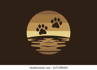 Wild Animal Footprints Logo Night Landscape Design. Silhouette Of Animal Footprints Blends With Night Landscape Vector Illustration.