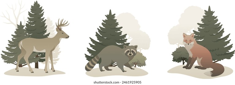 Wild animal in the forest composition set. Animals in nature vector illustration on white background. Landscape elements include trees, deer, raccoon, fox.