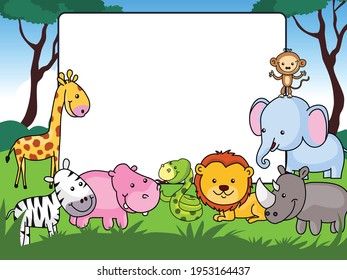 Wild animal frame, banner with cartoon animals vector illustration