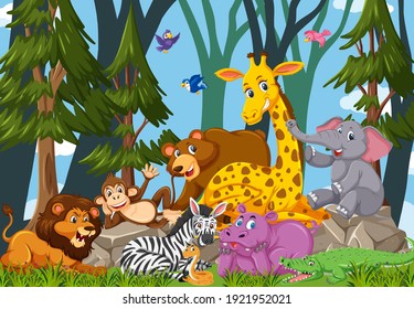 Wild animal group cartoon character in the forest  illustration