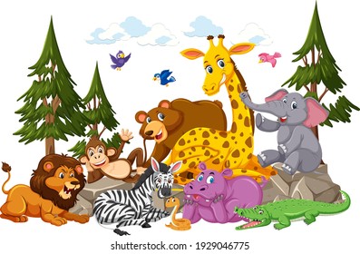 Wild Animal Group Cartoon Character On White Background Illustration