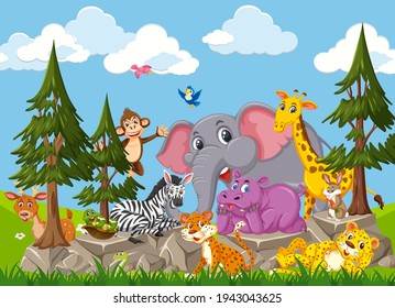 Wild animal group cartoon character in the forest  illustration