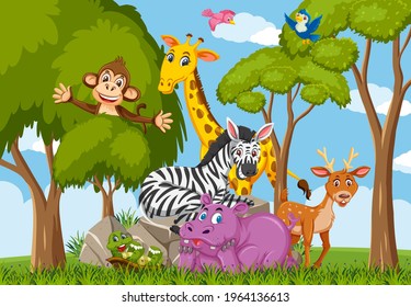 Wild animal group cartoon character in the forest  illustration