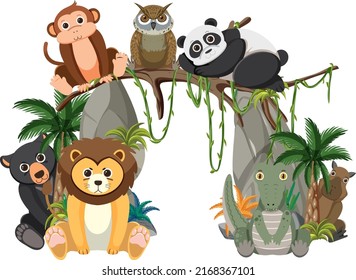 Wild animal group on white background illustration