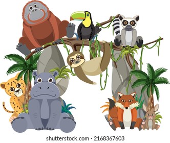 Wild animal group on white background illustration