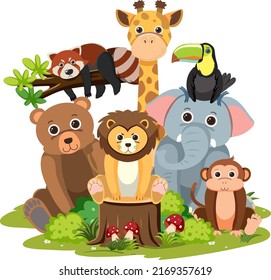 Wild animal group on white background illustration
