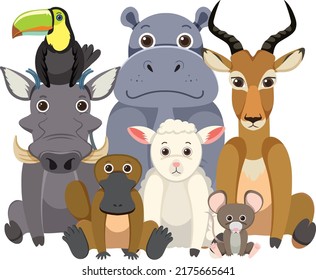 Wild animal group on white background illustration