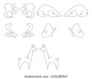 wild animal hand drawn line art alpaca squirrel bear sleeping butterfly cobra snake