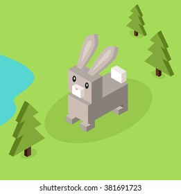 Wild animal hare, rabbit isometric 3d