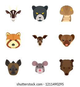 Wild animal head icon set. Flat set of 9 wild animal head vector icons for web design