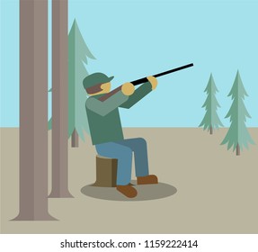Wild animal hunter in a forest, vector illustration.