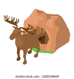 Vector isométrico del icono de animal salvaje. Alce marrón salvaje cerca del icono de entrada de la cueva de piedra. Mundo animal, evolución