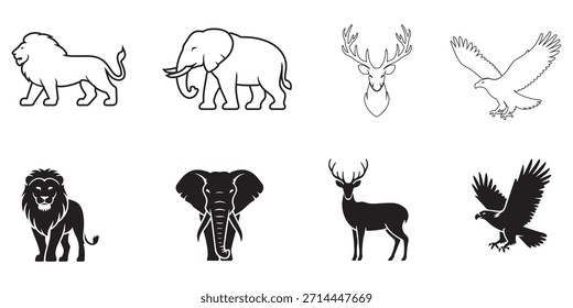 Selvagem animal ícone conjunto vetor - contorno e silhueta de leão, elefante, veado e águia