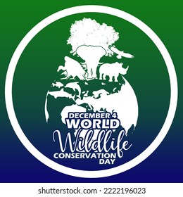 Wild animal icons with big tree and earth with bold text in circle frame on dark green to blue gradient background to commemorate World Wildlife Conservation Day on December 4