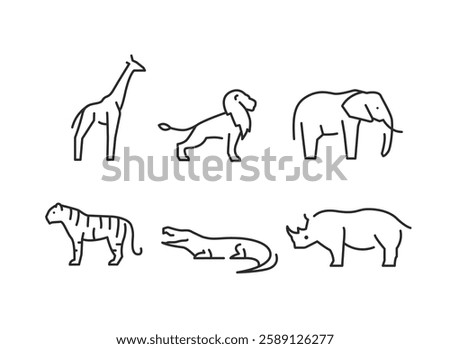 Wild Animal icons. Set of 6 trendy minimal animal icons. Example: Lion, Giraffe, Tiger, Gorilla icons. Design signs for web page, mobile app, packaging design. Vector illustration.