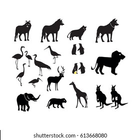 Wild Animal Icons Set as Black Vector Silhouettes Isolated on White Background