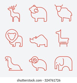 Iconos animales salvajes, estilo de línea delgada, diseño plano