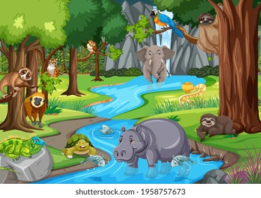 Wild animal in the jungle scene illustration