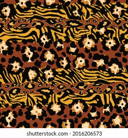 Wild animal leopard and tiger skins patchwork abstract vector seamless pattern