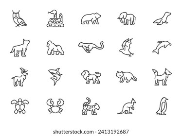 Iconos de línea animal salvaje estilo mínimo. Animales silvestres cocodrilos jirafa elefante gorila raccoon línea vectorial colección de iconos.