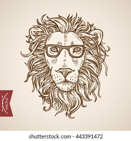 Wild animal lion portrait hipster style human clothes accessory wearing glasses. Engraving style pen pencil crosshatch hatching paper painting retro vintage vector lineart illustration.