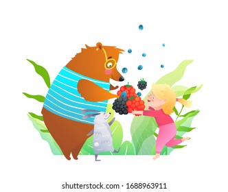 Wild animal and little girl friends holding berries, eating fruits in forest. Artistic hand drawn kids cartoon illustration. Fairy tale illustration, bear and rabbit eating berries in the wild. 