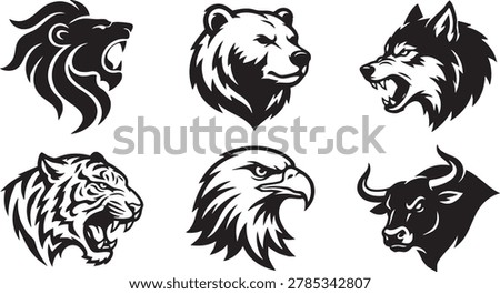Wild Animal Mascot Logo Collection Vector Set, Lion Bear Wolf Tiger Eagle and Bull Head Illustration Bundle Isolated on White Background
