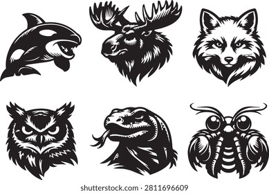 Wild Animal Mascot Logos Set - 6 Predators Black and White Vector Pack