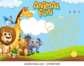 Wild animal maze puzzle game template illustration