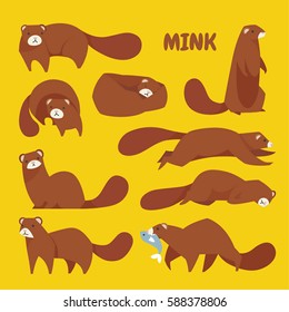 wild animal Mink of various poses vector illustration flat design