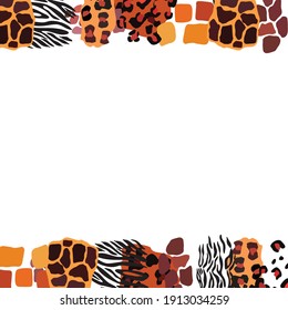 Wild animal mix frame. Jaguar, leopard, zebra, giraffe, tiger and cheetah border. Abstract background Vector illustration