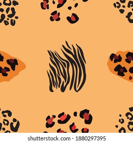 Patrón ininterrumpido de mezcla de animales salvajes. Jaguar, leopardo, cebra, jirafa, tigre y estampado de chita. Antecedentes abstractos. Ilustración del vector textil.