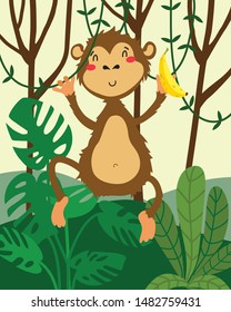 Wild animal Monkey with banana in jungle forest background in vector