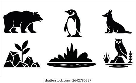 Wild Animal and Nature Icon Set Vector Silhouette