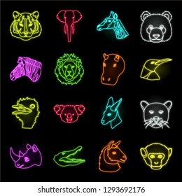 Wild animal neon icons in set collection for design. Mammal and bird vector symbol stock web illustration.