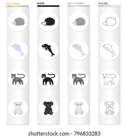 Wild animal panther, prickly hedgehog, clever dolphin, koala. Animals set collection icons in cartoon black monochrome outline style vector symbol stock illustration web.