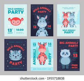 Wild animal party posters set cartoon vector illustration. Cute beasts template for animal party. Lion, panda, monkey, giraffe characters in flat colorful design. Party, animal, nature, zoo concept