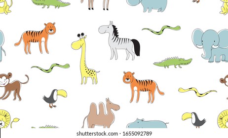 Wild animal pattern. Doodle snake, leo and tiger, camel and elephant print background. Exotic animals vector seamless texture