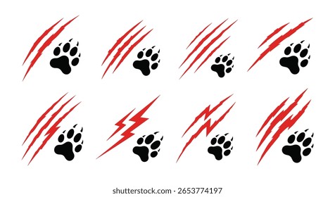 Impressões de patas de animais selvagens e marcas de garra com elementos gráficos de raio para design