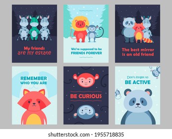 Wild animal postcards set cartoon vector illustration. Cute beasts for kids with inspirational quotes. Lion, panda, monkey, giraffe characters in flat colorful design. Game, animal, nature, concept