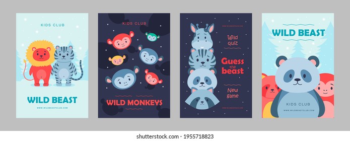 Wild animal posters set cartoon vector illustration. Cute beasts for kids club, wild quiz. Lion, panda, monkey, giraffe characters in flat colorful design. Game, animal, nature, zoo, circus concept