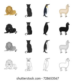Wild animal predator, lion, panther, bird penguin, llama. Different kinds of animal set collection icons in cartoon black monochrome outline style vector symbol stock illustration web.