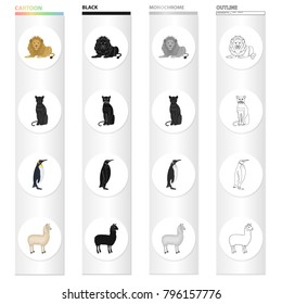 Wild animal predator, lion, panther, bird penguin, llama. Different kinds of animal set collection icons in cartoon black monochrome outline style vector symbol stock illustration web.