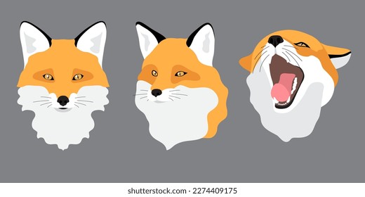 Wild animal red fox. Avatar, icon, head. Set of isolated vector illustrations