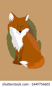 Wild animal, red fox that sits on its hind legs. Forest beast, sly fox on a colored background.