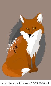 Wild animal, red fox that sits on its hind legs. Forest beast, sly fox on a colored background. The inscription of the words "clever fox".